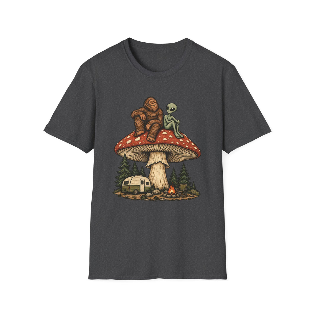 Bigfoot & Alien Mushroom Camping T-Shirt