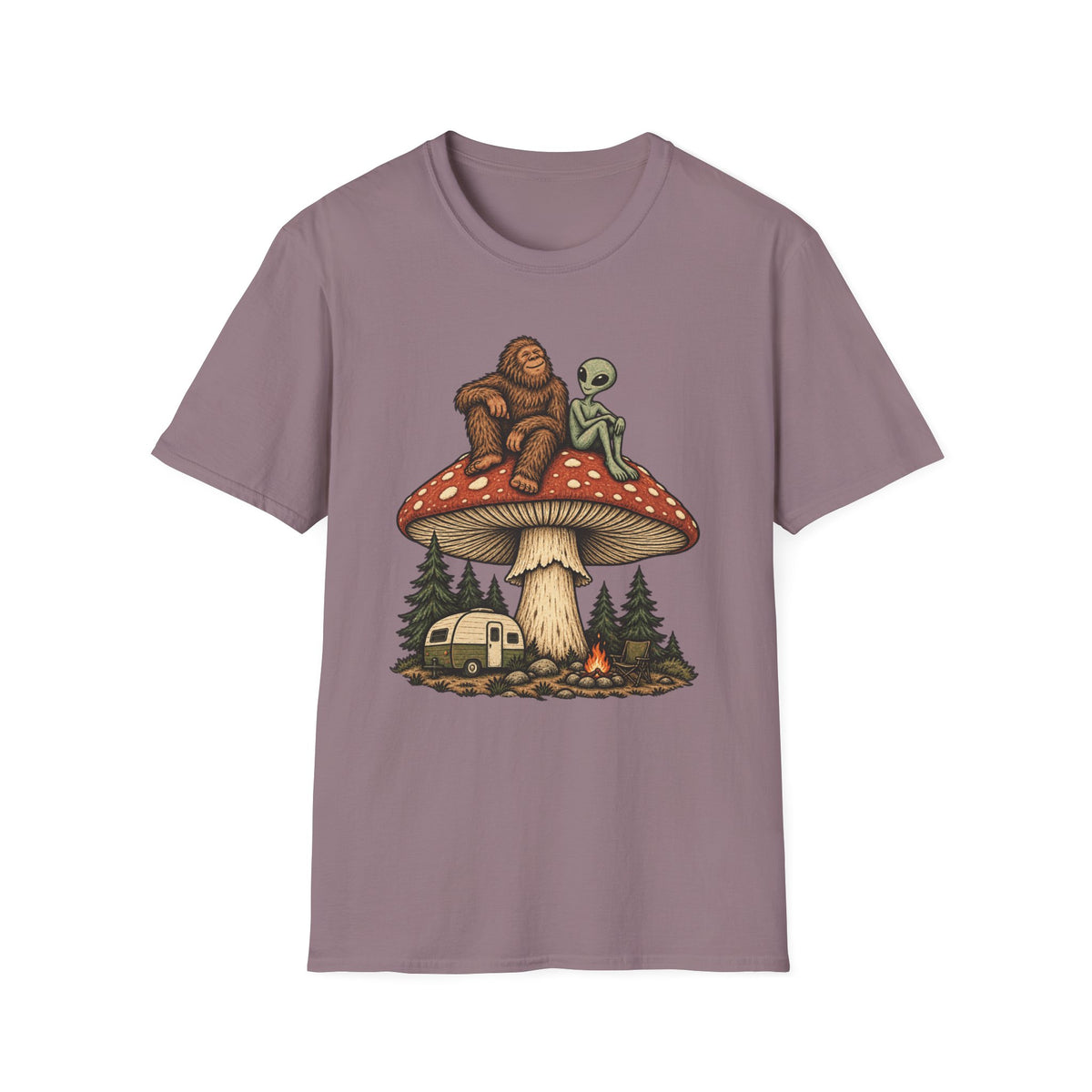 Bigfoot & Alien Mushroom Camping T-Shirt
