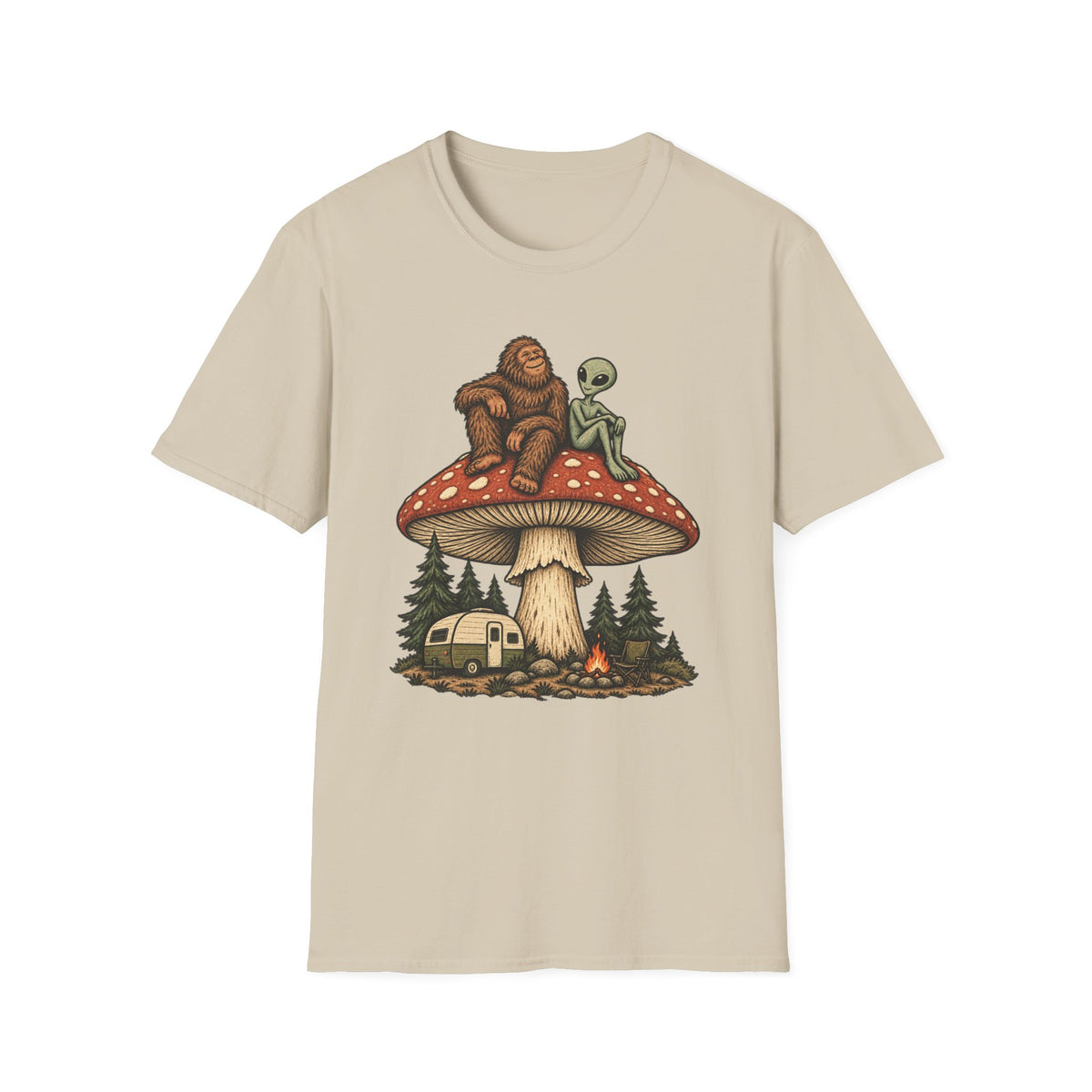 Bigfoot & Alien Mushroom Camping T-Shirt
