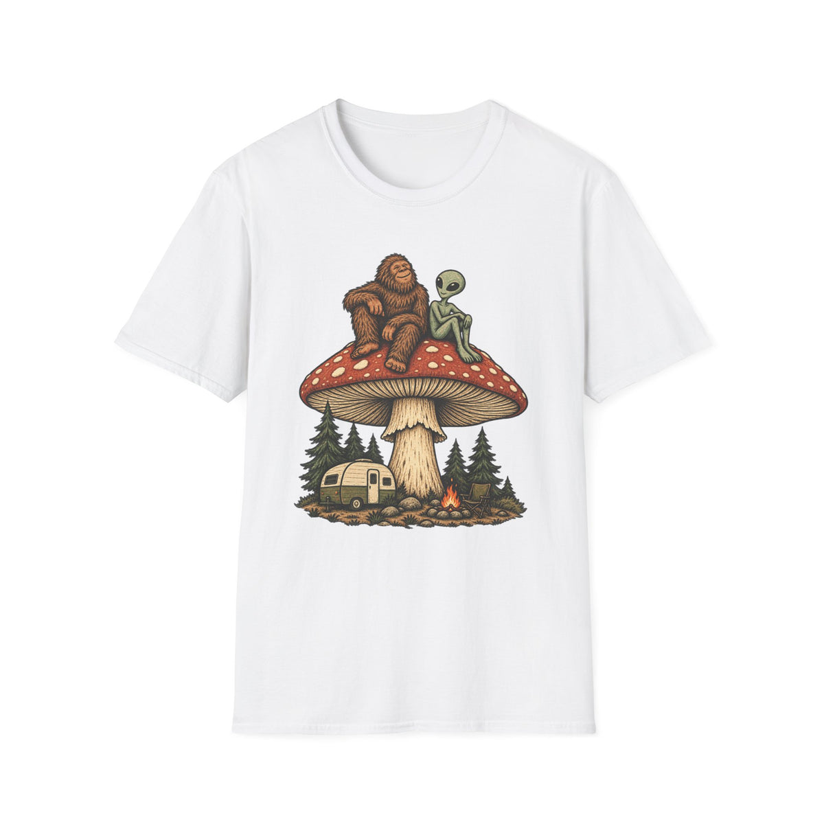 Bigfoot & Alien Mushroom Camping T-Shirt