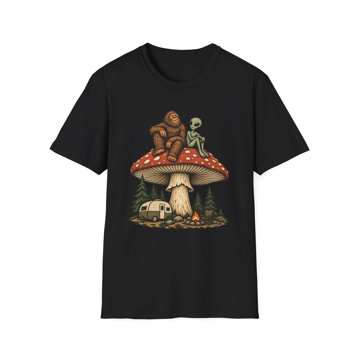 Bigfoot & Alien Mushroom Camping T-Shirt