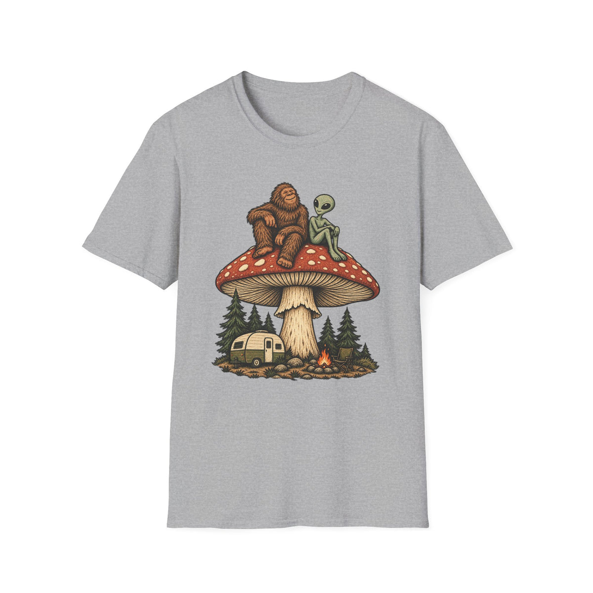 Bigfoot & Alien Mushroom Camping T-Shirt