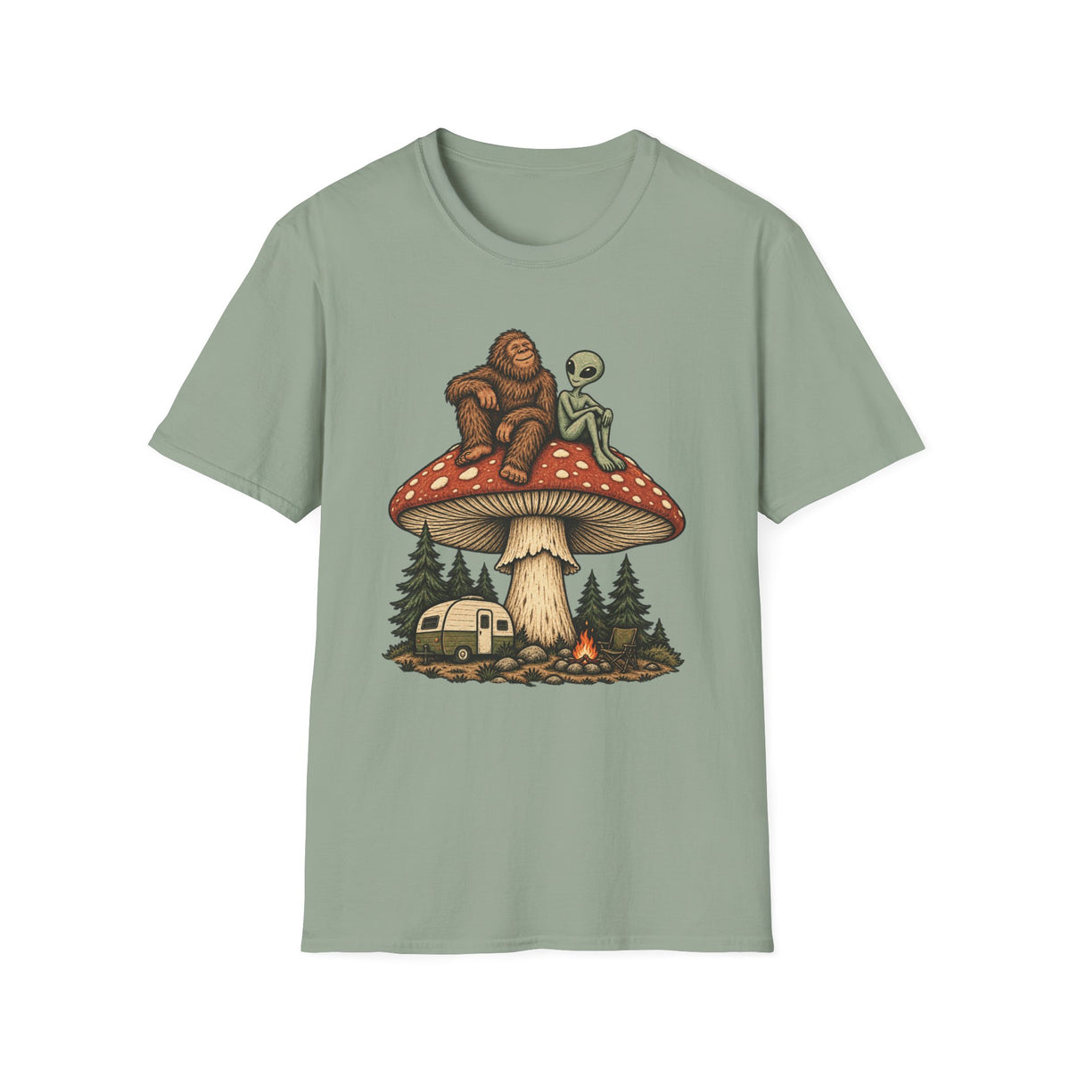 Bigfoot & Alien Mushroom Camping T-Shirt