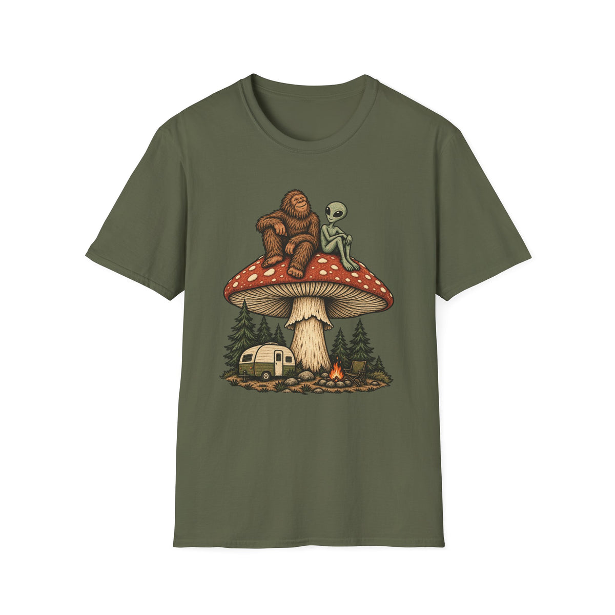 Bigfoot & Alien Mushroom Camping T-Shirt
