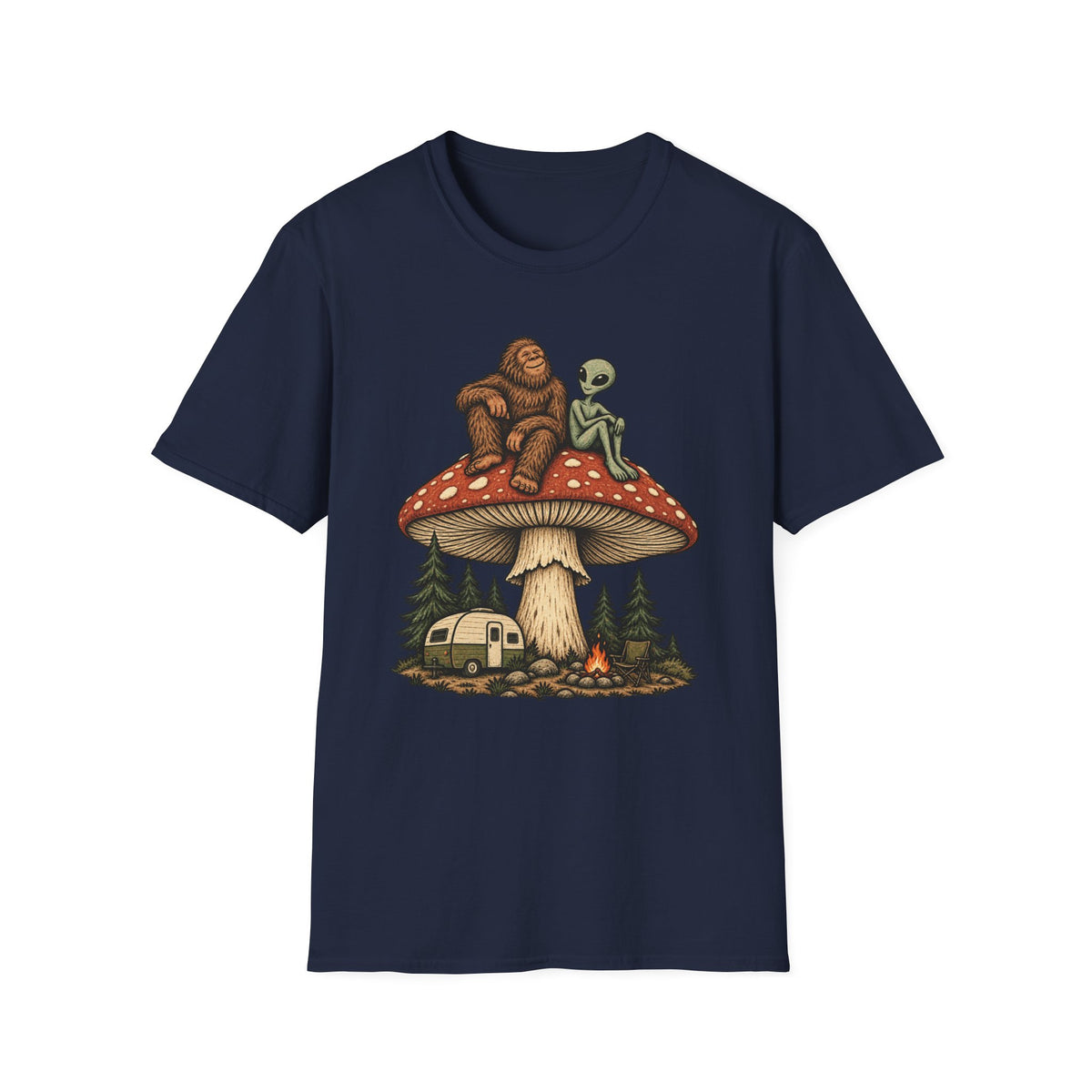 Bigfoot & Alien Mushroom Camping T-Shirt